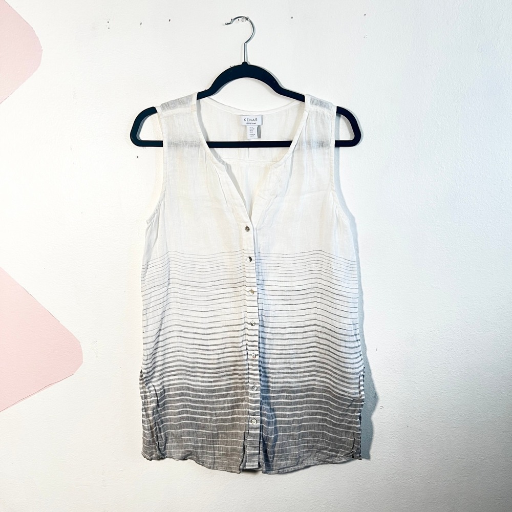 100% Linen Tunic Tank Top Womens‎ Small White Ombre Stripe Beachy Vacation